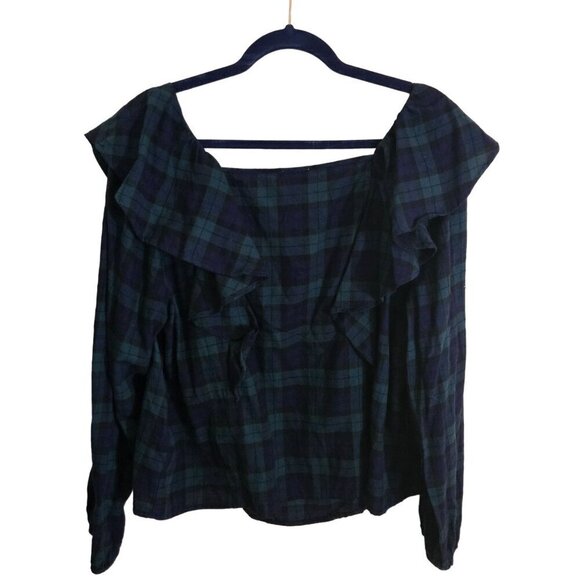 J. Crew NWT Square-Neck Black Watch Plaid Flannel Ruffle Top Size XL - Picture 3 of 10